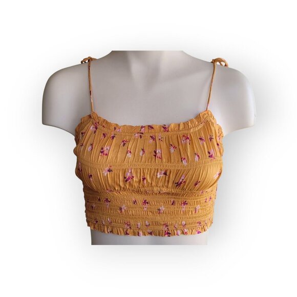 Free People Smocked Floral Ruffled Kaia Tank Top XS Mango EUC - Picture 2 of 9